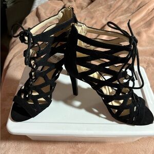 Nine West Black Strappy Lace Up Heels